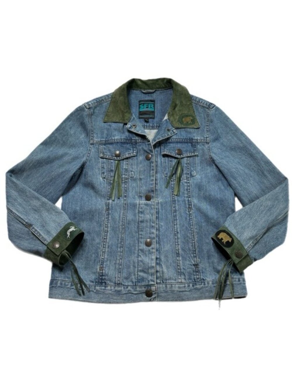 VTG Southwestern Green Suede Collar Animal Patch Denim Jacket M Western Fall